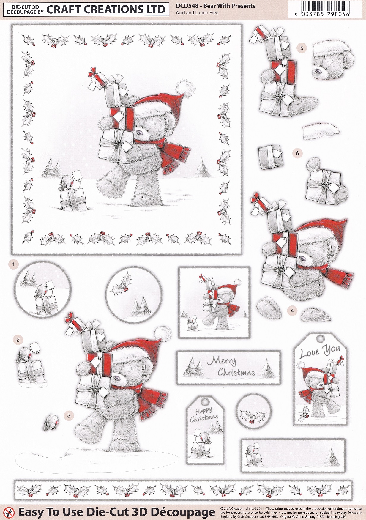 craft creations ltd bear with presents 3d decoupage sheet