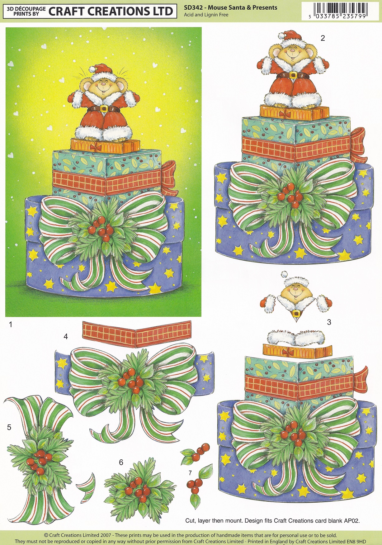 craft creations ltd mouse santa & present 3d decoupage sheet