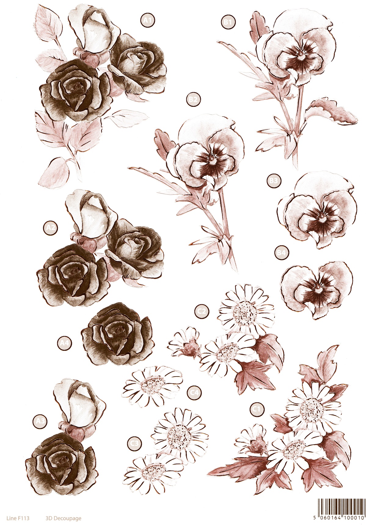 craft uk 3d floral die cut decoupage rose, pansy, daisy