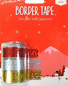 Merry Christmas Border Tape 3 Pack Red, Silver, Gold