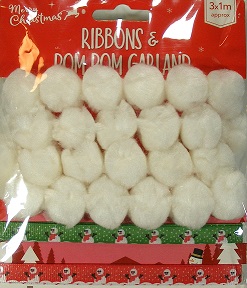Merry Christmas Ribbons & Pom Pom Garland 3 x 1 Meter