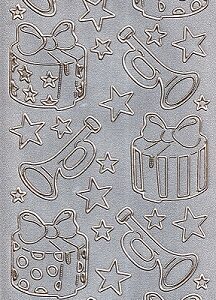 Christmas Peel Off Sheet - Presents & Instruments (Gold On Silver Glitter Effect)